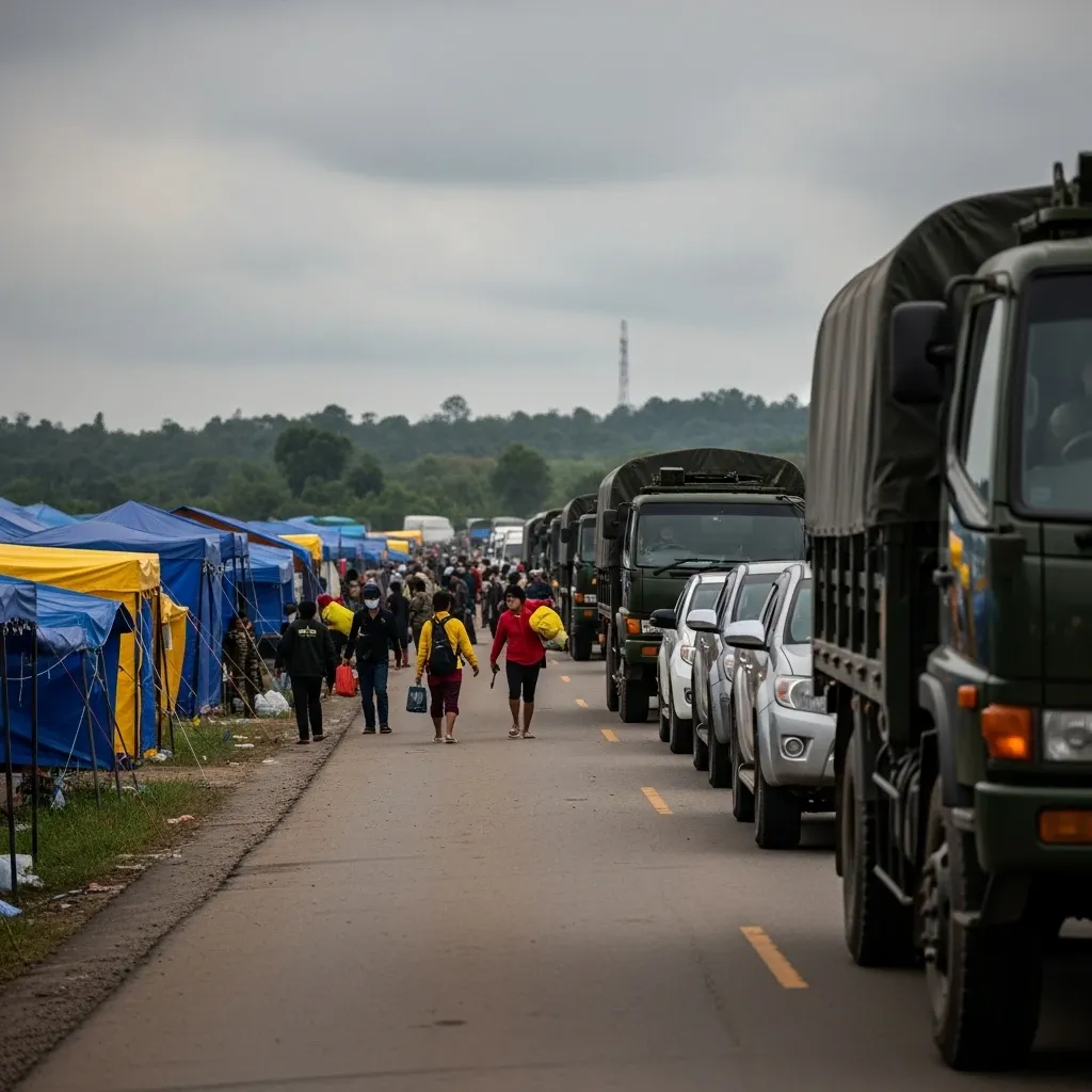 Evacuation convoy of civilians and military vehicles on a rural Thai border road
