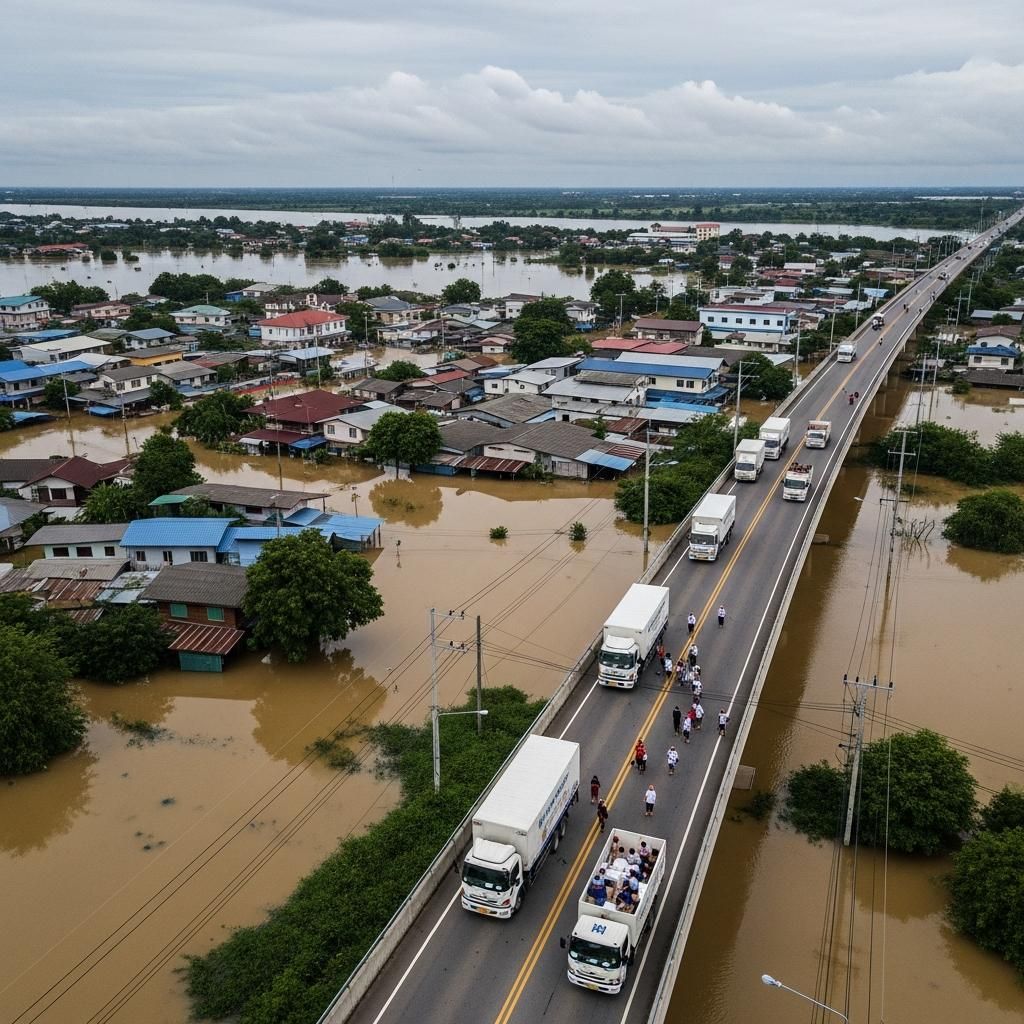 Aerial view of flooded southern Thailand town with relief trucks delivering aid