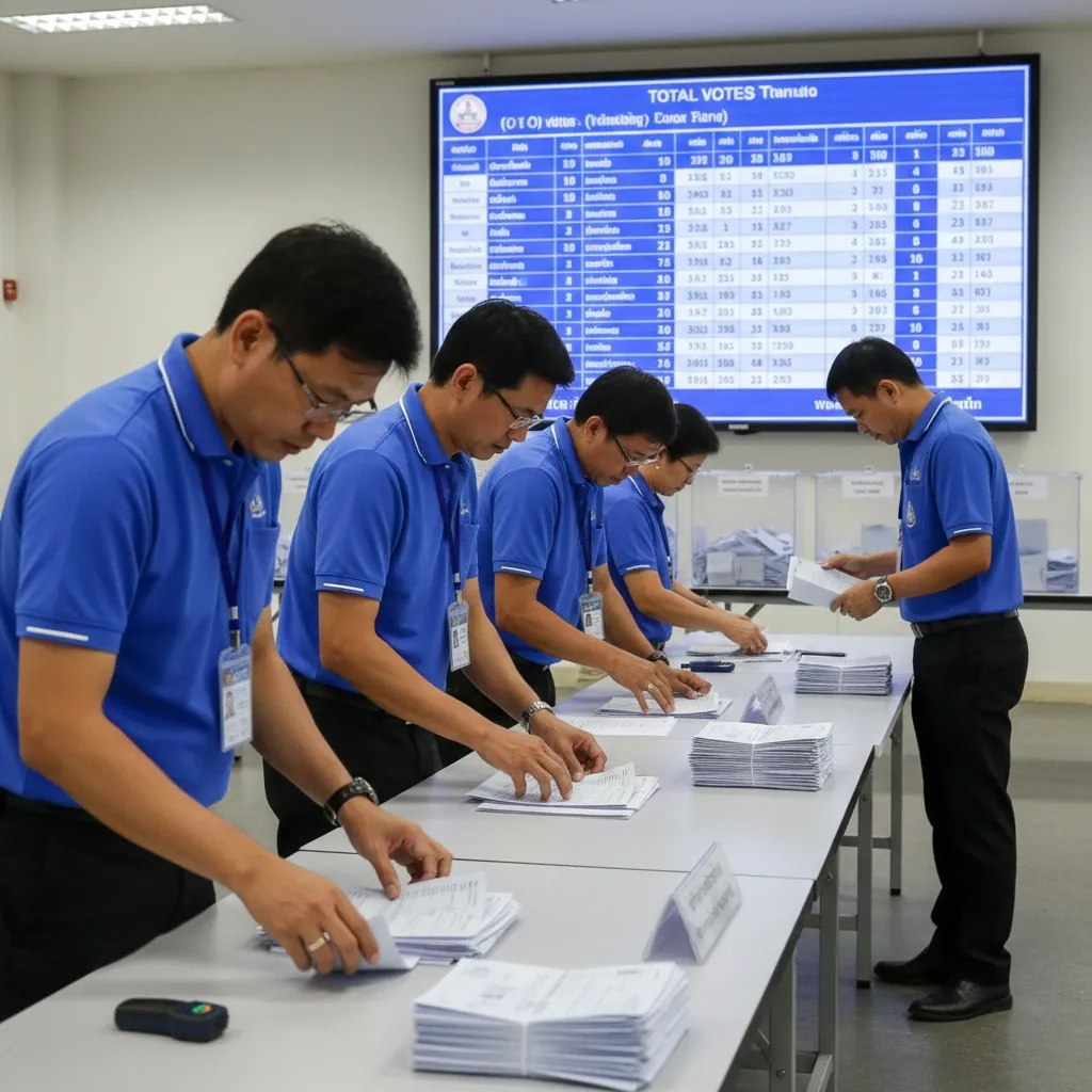 Election officials counting ballots at a Thai vote tally center with scoreboard in background