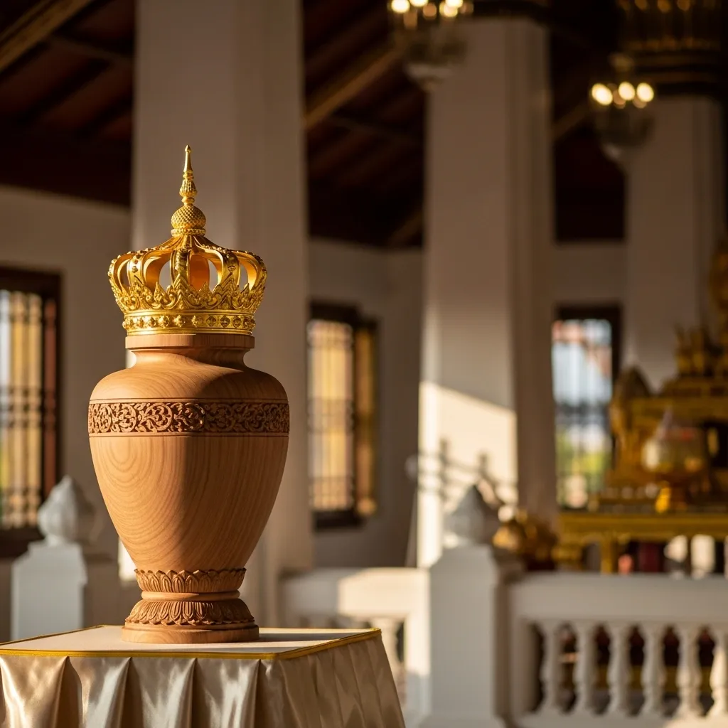 Sandalwood urn with gold crown finial on display in a Thai pavilion for Queen Sirikit memorial
