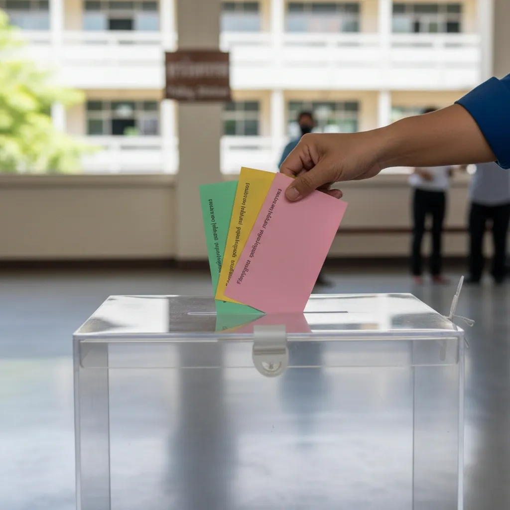 Three color-coded ballots being dropped into a ballot box at a Thai polling station
