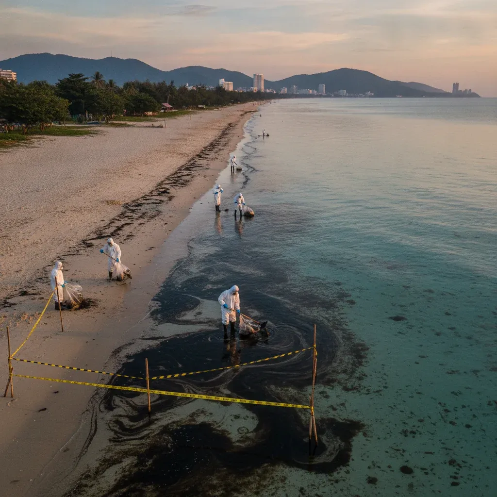 Jomtien Beach and Koh Larn Closed to Swimmers as Black Oil Slick Spreads Across Pattaya Waters